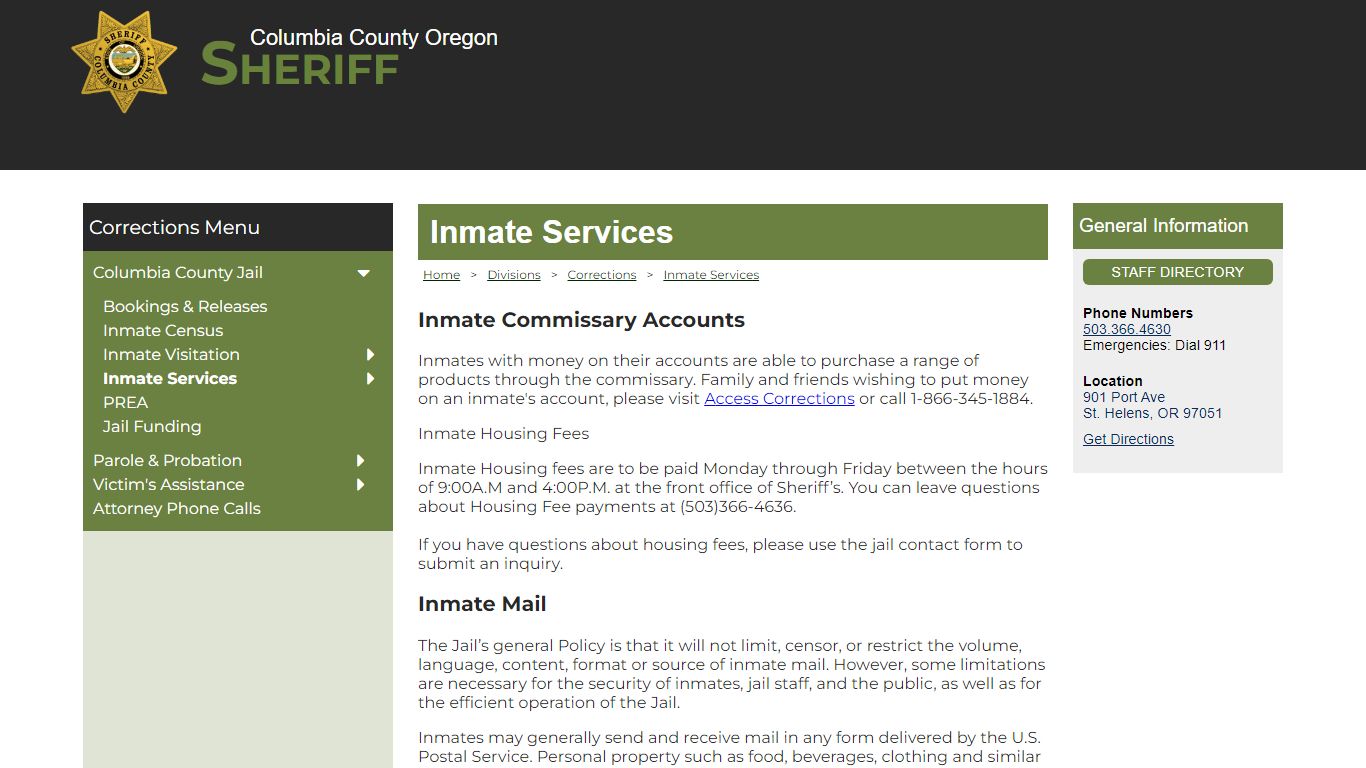 Columbia County Oregon Sheriff - Inmate Services